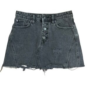 We The Free Free People Black Distressed Denim Mini Skirt Button Fly Size 25